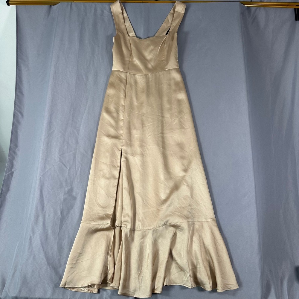 Show Me Your Mumu Womens XS Champagne Gold Satin Smocked Maxi Dress Side Slit